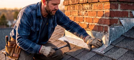 Flashing anchored at evening on a Queens rowhouse chimney